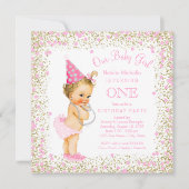 ガールズ1st誕生日パーティーピンク金ゴールドグリッター 招待状 (正面)