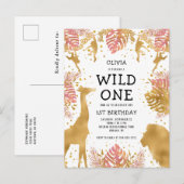 ガールズ1st誕生日パーティーピンク金ゴールドサファリ インビテーションポストカード (正面/裏面)