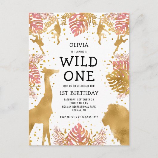 ガールズ1st誕生日パーティーピンク金ゴールドサファリ インビテーションポストカード (正面)