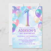 ガールズ1th誕生日レインボーバルーン招待状 招待状 (正面)