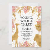 ガールズ3rdバースデーピンク金ゴールドサファリ 招待状 (正面)