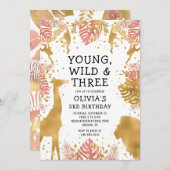 ガールズ3rdバースデーピンク金ゴールドサファリ 招待状 (正面/裏面)