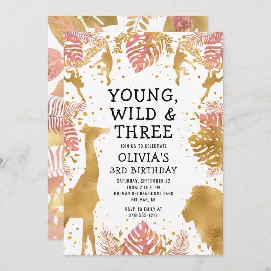 ガールズ3rdバースデーピンク金ゴールドサファリ 招待状 (正面/裏面)