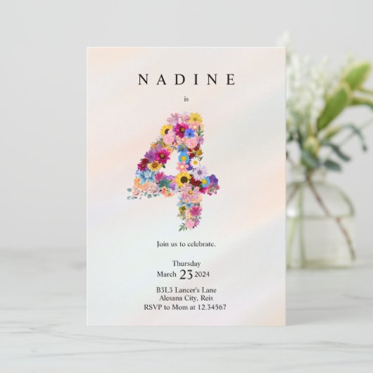 ガールズ4th誕生日4番目の誕生日フローラパーティー 招待状 (スタンド正面)