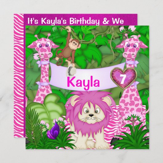 ガールズ5TH誕生日ジャングル招待状とサル 招待状 (正面/裏面)