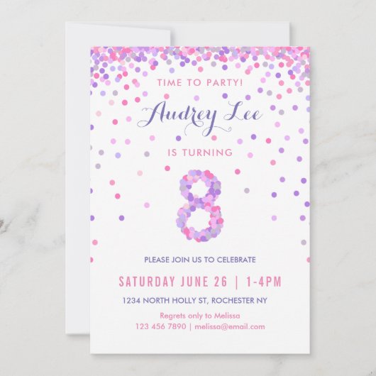 ガールズ8誕生日第8誕生日紙吹雪パーティー 招待状 (正面)