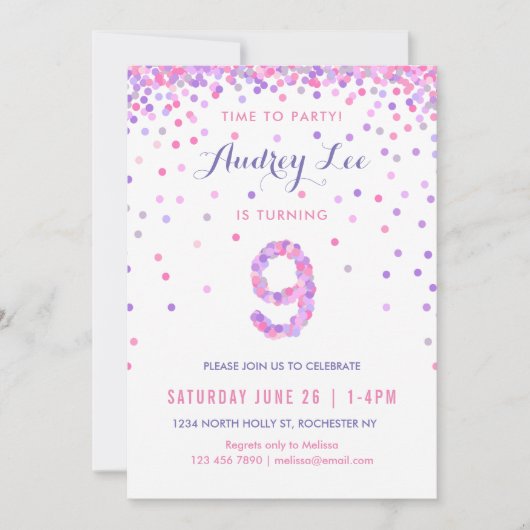 ガールズ9th誕生日9th誕生日紙吹雪パーティー 招待状 (正面)