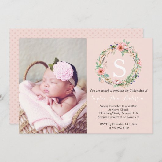 ガールズ《キリスト教》洗礼式や命名式招待状 – ピンクリース 招待状 (正面/裏面)