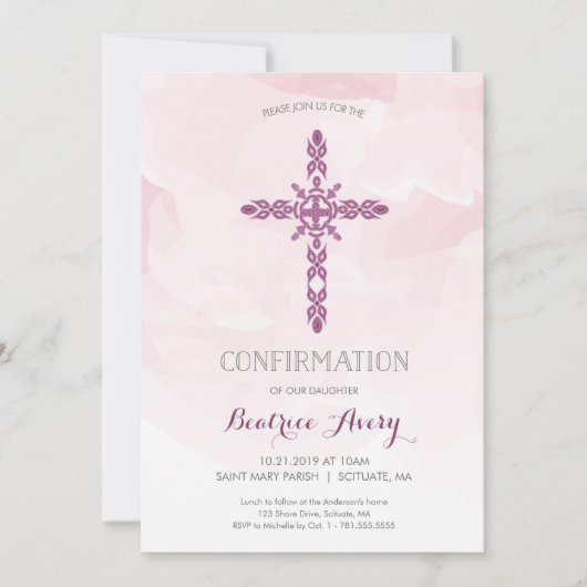 ガールズ·コンフィリメーション·招待状、クロス&ウォーターカラー 招待状 (正面)