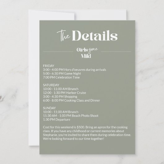 ガールズ・ゴーン・ワイルド セージ バチェロレッテ ビーチ ウィークエンド 招待状 (裏面)