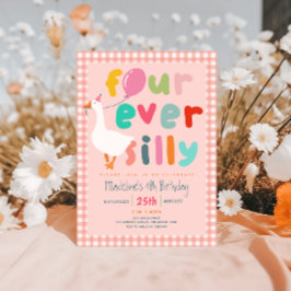 ガールズ ピンク「Four Ever Silly」ガチョウの4歳の誕生日 招待状
