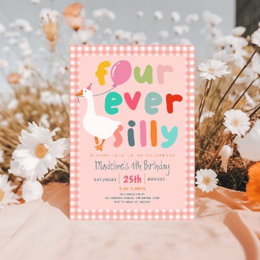 ガールズ ピンク「Four Ever Silly」ガチョウの4歳の誕生日 招待状