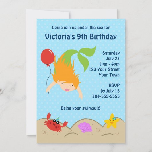 ガールズ·マーメイド·プール·バースデー·パーティー 招待状 (正面)