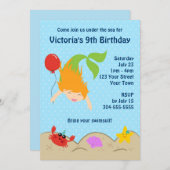 ガールズ·マーメイド·プール·バースデー·パーティー 招待状 (正面/裏面)