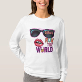 ガールズ・ラン・ザ・ワールド - ポップアートネオン フェミニン デザイン Tシャツ
