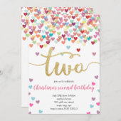 ガールセカンドバースデーハート紙吹雪レインボーグリッター 招待状 (正面/裏面)