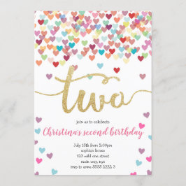 ガールセカンドバースデーハート紙吹雪レインボーグリッター 招待状