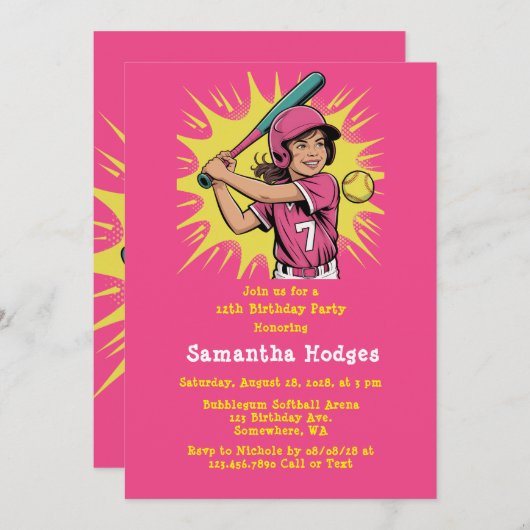 ガールソフトボール誕生日パーティー 招待状 (正面/裏面)