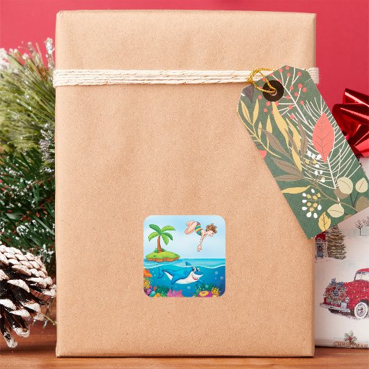 ガールダイビングイン海フレンドリーシャークコーラルリーフ スクエアシール