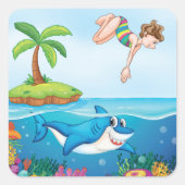 ガールダイビングイン海フレンドリーシャークコーラルリーフ スクエアシール (正面)