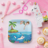 ガールダイビングイン海フレンドリーシャークコーラルリーフ ペーパープレート (パーティー)