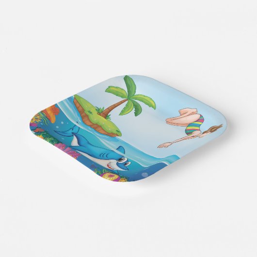 ガールダイビングイン海フレンドリーシャークコーラルリーフ ペーパープレート (傾斜あり)