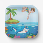 ガールダイビングイン海フレンドリーシャークコーラルリーフ ペーパープレート (正面)