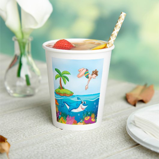 ガールダイビングイン海フレンドリーシャークコーラルリーフ 紙コップ