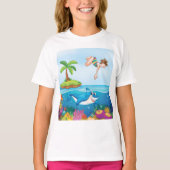 ガールダイビングイン海フレンドリーシャークコーラルリーフ Tシャツ (正面)