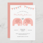 ガールツインズエレファントベビージャーシャワー招待状 招待状 (正面/裏面)