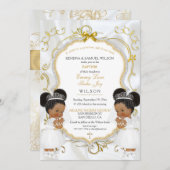 ガールツインズバプテスマ《キリスト教》洗礼式や命名式金ゴールドエスニックパフ 招待状 (正面/裏面)