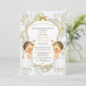 ガールツインズバプテスマ《キリスト教》洗礼式や命名式金ゴールドホワイトクロス 招待状 (スタンド正面)