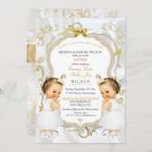 ガールツインズバプテスマ《キリスト教》洗礼式や命名式金ゴールドホワイトクロス 招待状 (正面/裏面)