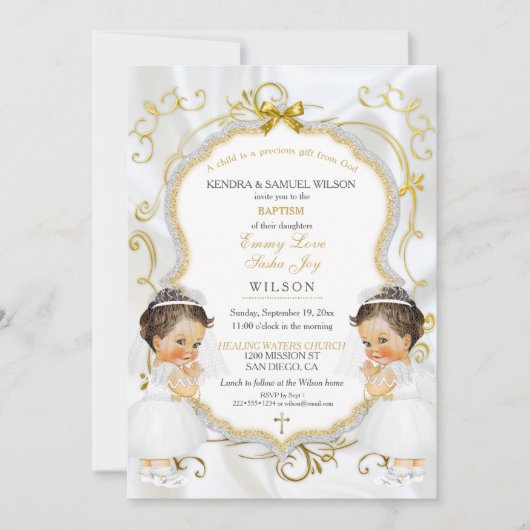 ガールツインズバプテスマ《キリスト教》洗礼式や命名式金ゴールド 招待状 (正面)