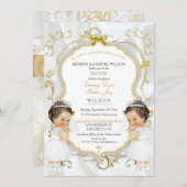 ガールツインズバプテスマ《キリスト教》洗礼式や命名式金ゴールド 招待状 (正面/裏面)