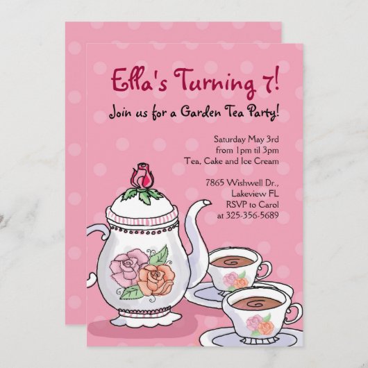 ガールティーパーティー主題誕生日招待状 招待状 (正面/裏面)