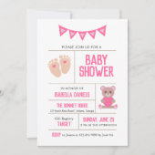 ガールテディとベビー足ピンクベビーシャワー 招待状 (正面)