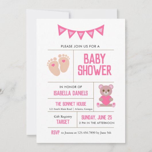 ガールテディとベビー足ピンクベビーシャワー 招待状 (正面)