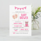 ガールテディとベビー足ピンクベビーシャワー 招待状 (スタンド正面)