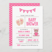 ガールテディとベビー足ピンクベビーシャワー 招待状 (正面/裏面)
