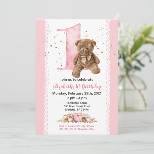 ガールテディベアウォーターカラーフローラ1st 招待状 (スタンド正面)