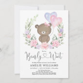 ガールテディベアピンクパープルフローラベビーシャワーインバー 招待状 (正面)