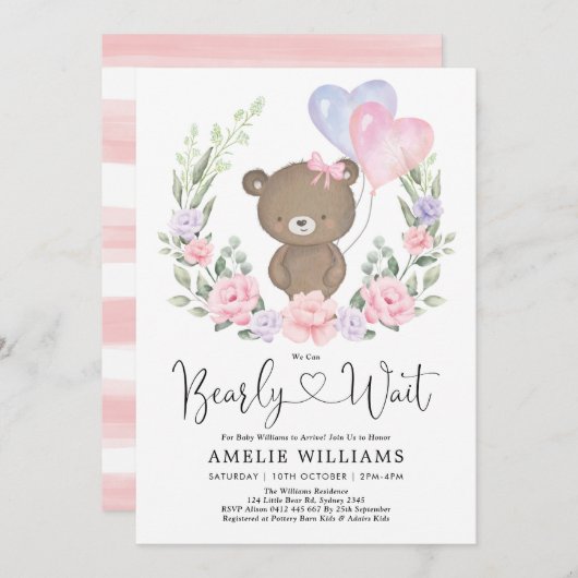 ガールテディベアピンクパープルフローラベビーシャワーインバー 招待状 (正面/裏面)