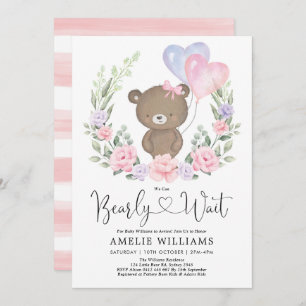 ガールテディベアピンクパープルフローラベビーシャワーインバー 招待状