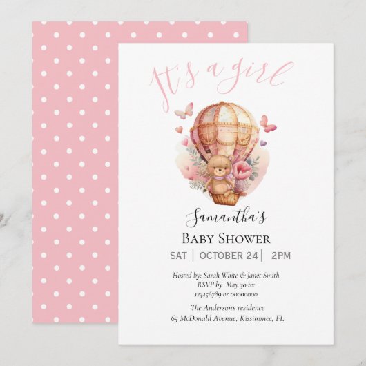 ガールテディベアリーウェイホットエアバルーンピンク 案内状 (正面/裏面)