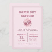 ガールテニスバースデーパーティーバラ金ゴールドラケットピンク 招待状 (正面/裏面)