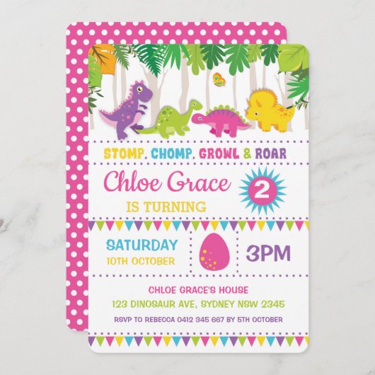 ガールディオンドラノ誕生日ピンクローアルディーノパーティー 招待状 (正面/裏面)