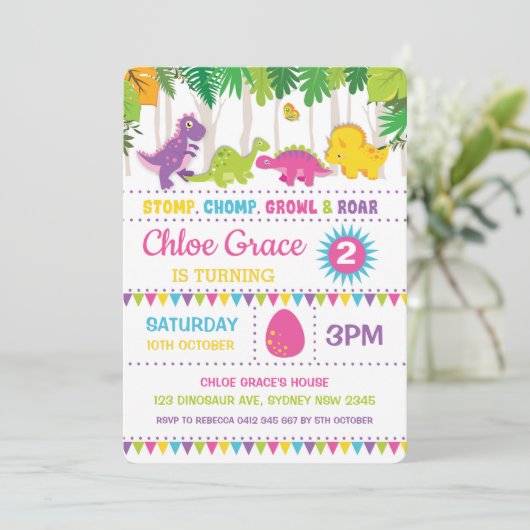 ガールディオンドラノ誕生日ピンクローアルディーノパーティー 招待状 (スタンド正面)