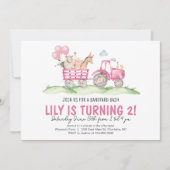 ガールトラクター誕生日ピンクファーム誕生日招待状 招待状 (正面)