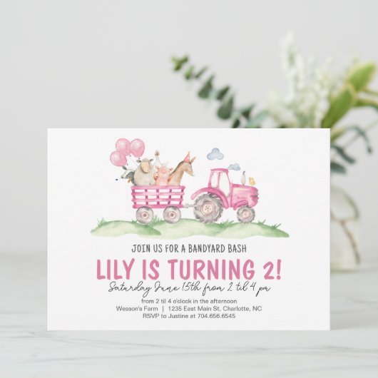 ガールトラクター誕生日ピンクファーム誕生日招待状 招待状 (スタンド正面)